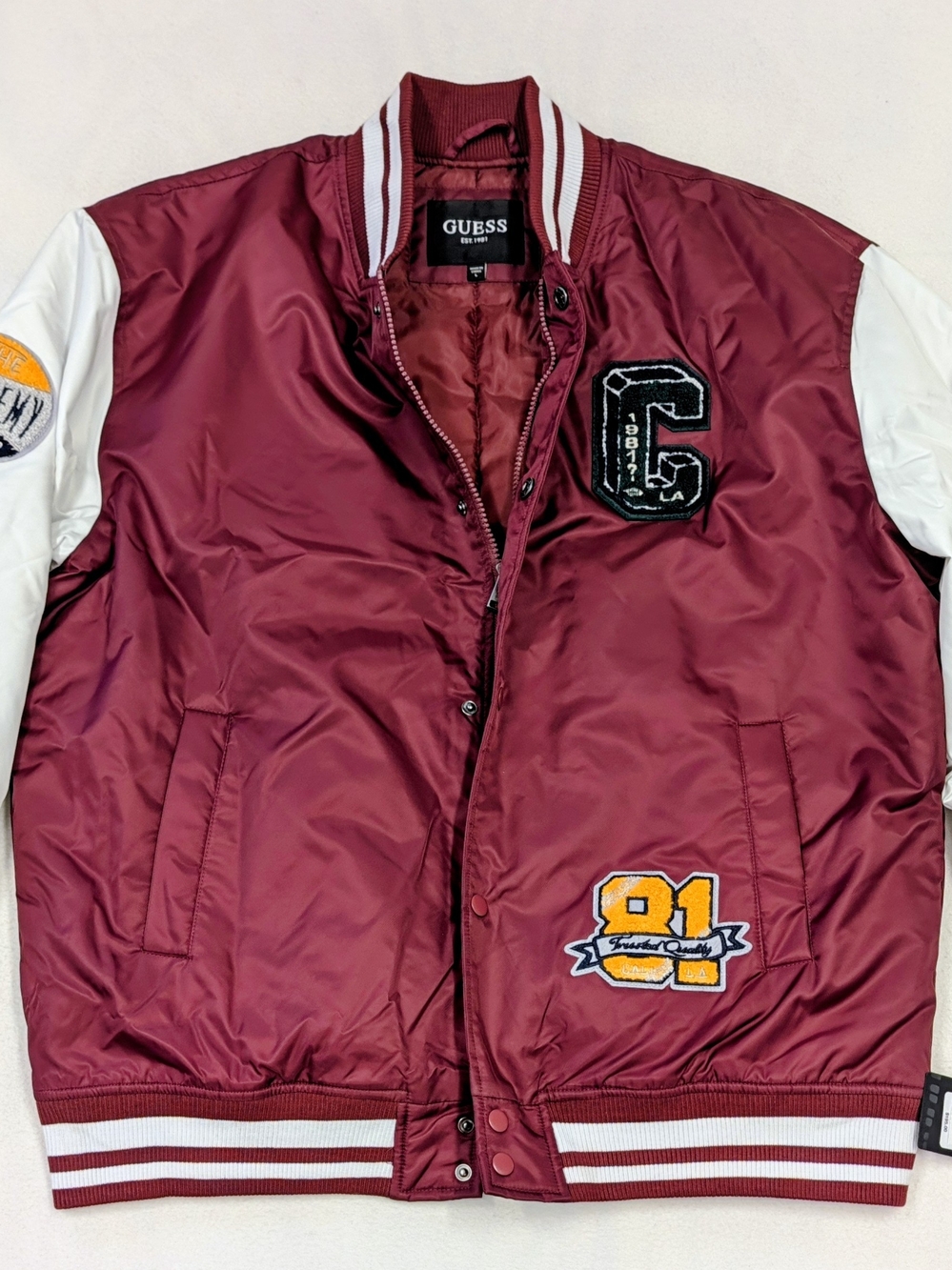 GUESS Men's Burgundy/White Varsity Jacket Full Zip Snap Logo Patch Pockets L